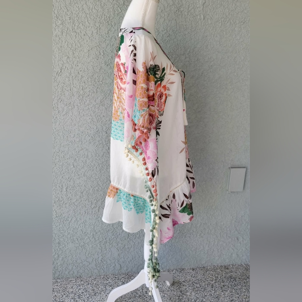 Z&L Made With Love Floral Boho Tunic Top XL | Sheer Cotton Kaftan Blouse Tassel - Picture 5 of 9